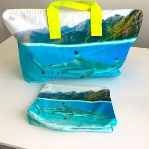 Samudra Shark Canvas Neon Tote and Clutch Pouch